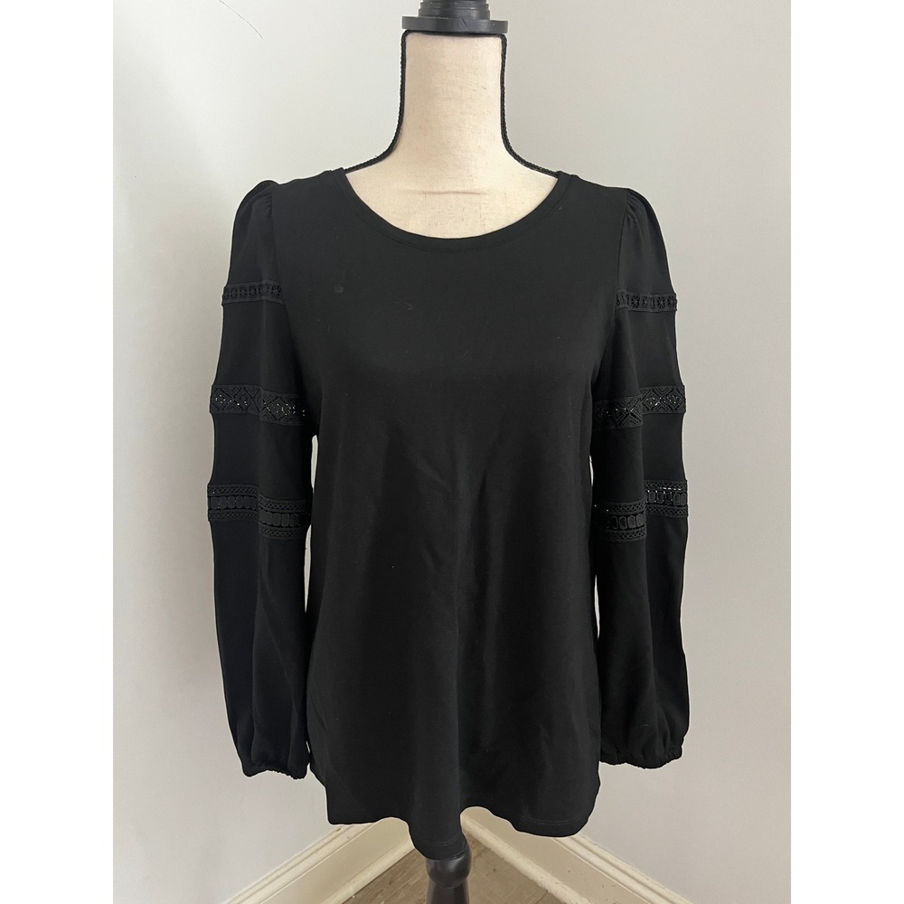 Black Crochet Puff Sleeve Blouse Medium Classic Office Chic Boho Romantic Fall